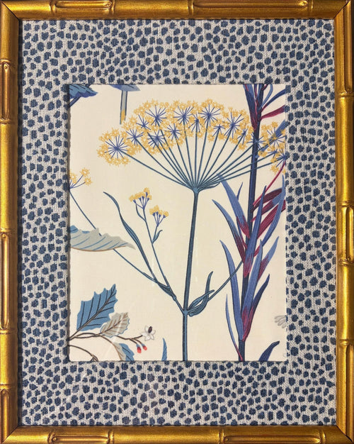 Ballard Designs Isabella Blue Botanical Garden Framed Fabric Art, Tully Mat, Gold Bamboo Frame 12x15