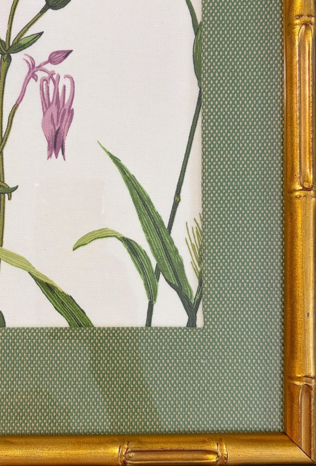 Custom Ballard Designs Isabella Green Fabric Art with Callen Matting in Gold Frame Bamboo Style 12x15