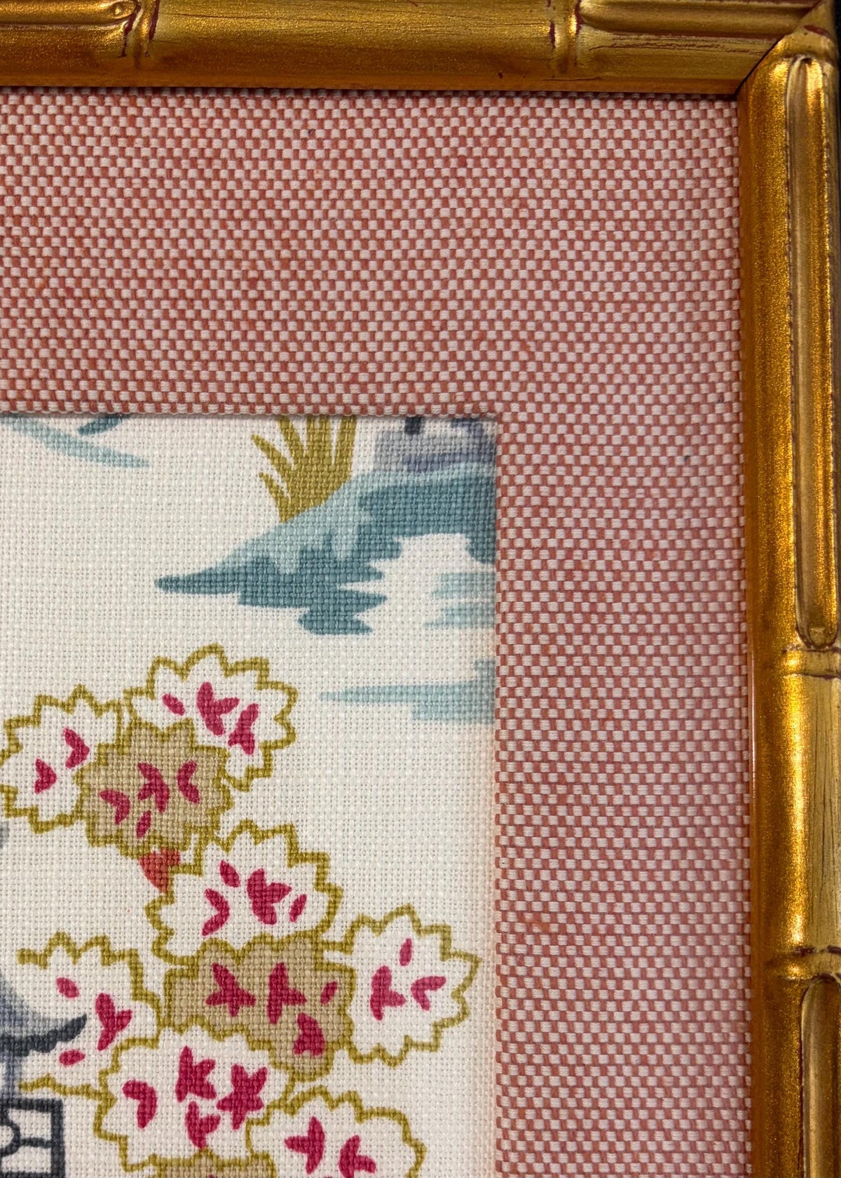 Suki Blue Chinoiserie Fabric Wall Art in Gold Bamboo Style Frame, 12x15 Ballard Designs Framed Textile Decor
