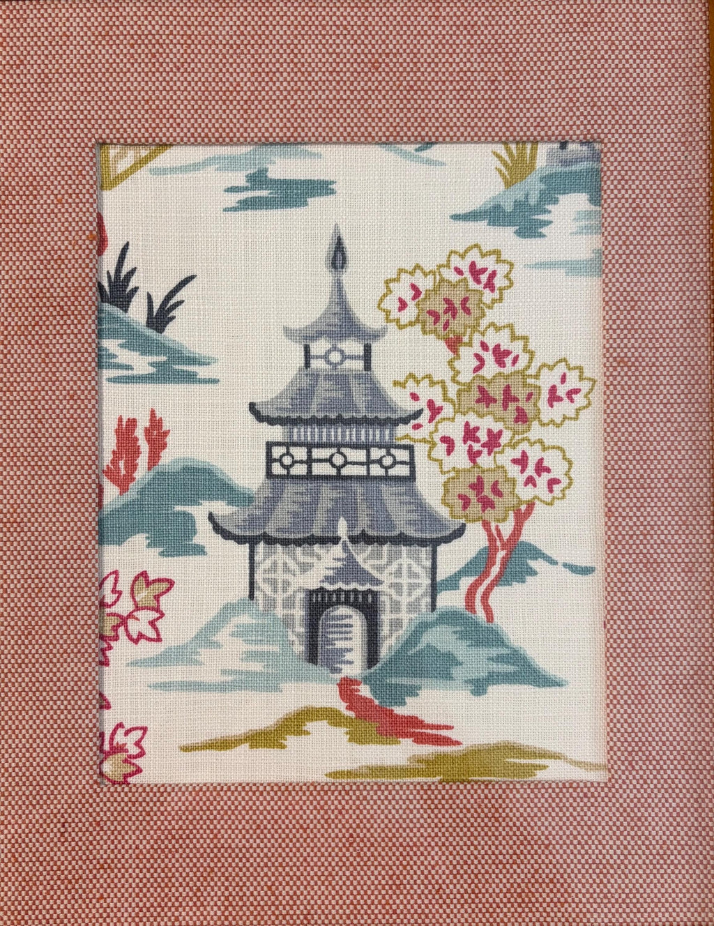 Suki Blue Chinoiserie Fabric Wall Art in Gold Bamboo Style Frame, 12x15 Ballard Designs Framed Textile Decor