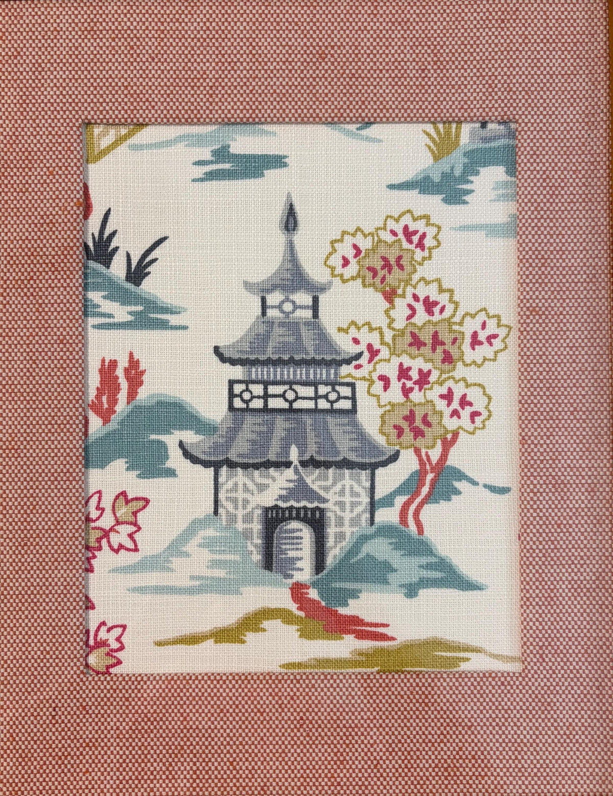 Suki Blue Chinoiserie Fabric Wall Art in Gold Bamboo Style Frame, 12x15 Ballard Designs Framed Textile Decor