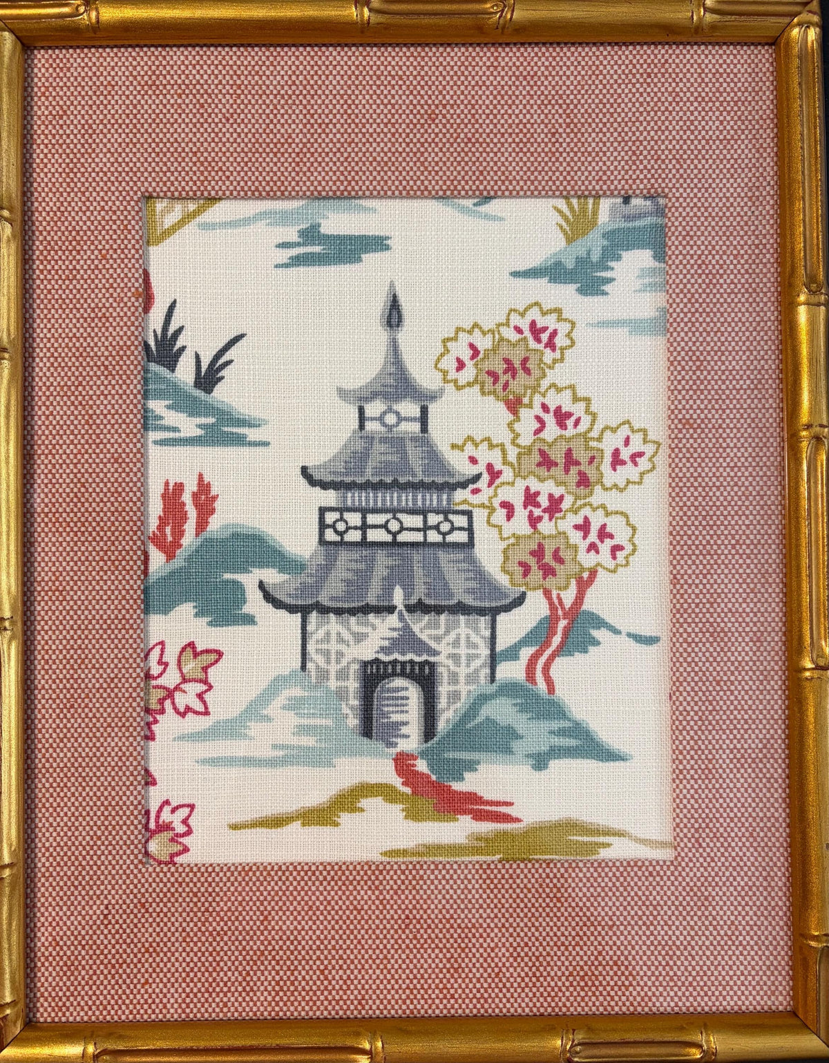 Suki Blue Chinoiserie Fabric Wall Art in Gold Bamboo Style Frame, 12x15 Ballard Designs Framed Textile Decor