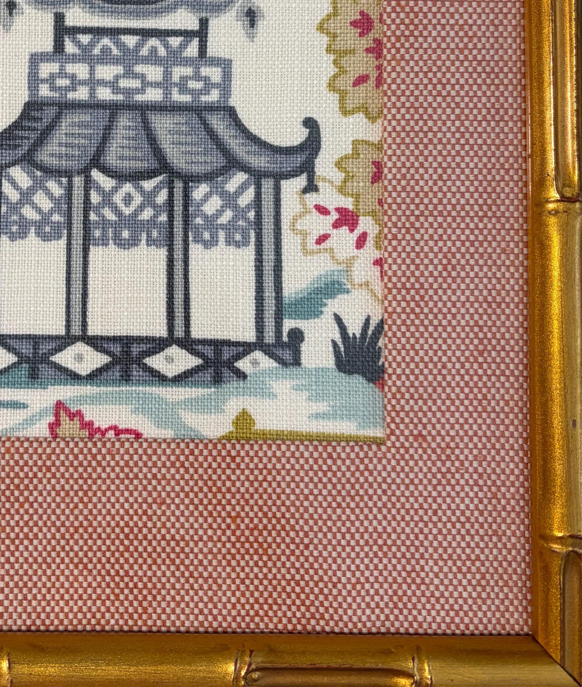 Chinoiserie Wall Art in Bamboo Style Gold Frame, Suki Fabric Print 12x15, Ballard Designs Inspired Decor