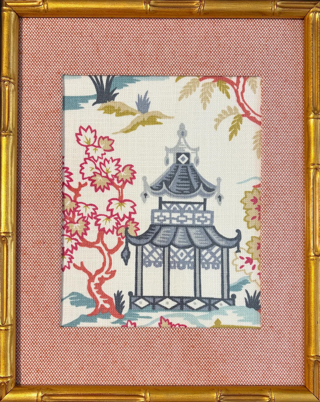Chinoiserie Wall Art in Bamboo Style Gold Frame, Suki Fabric Print 12x15, Ballard Designs Inspired Decor