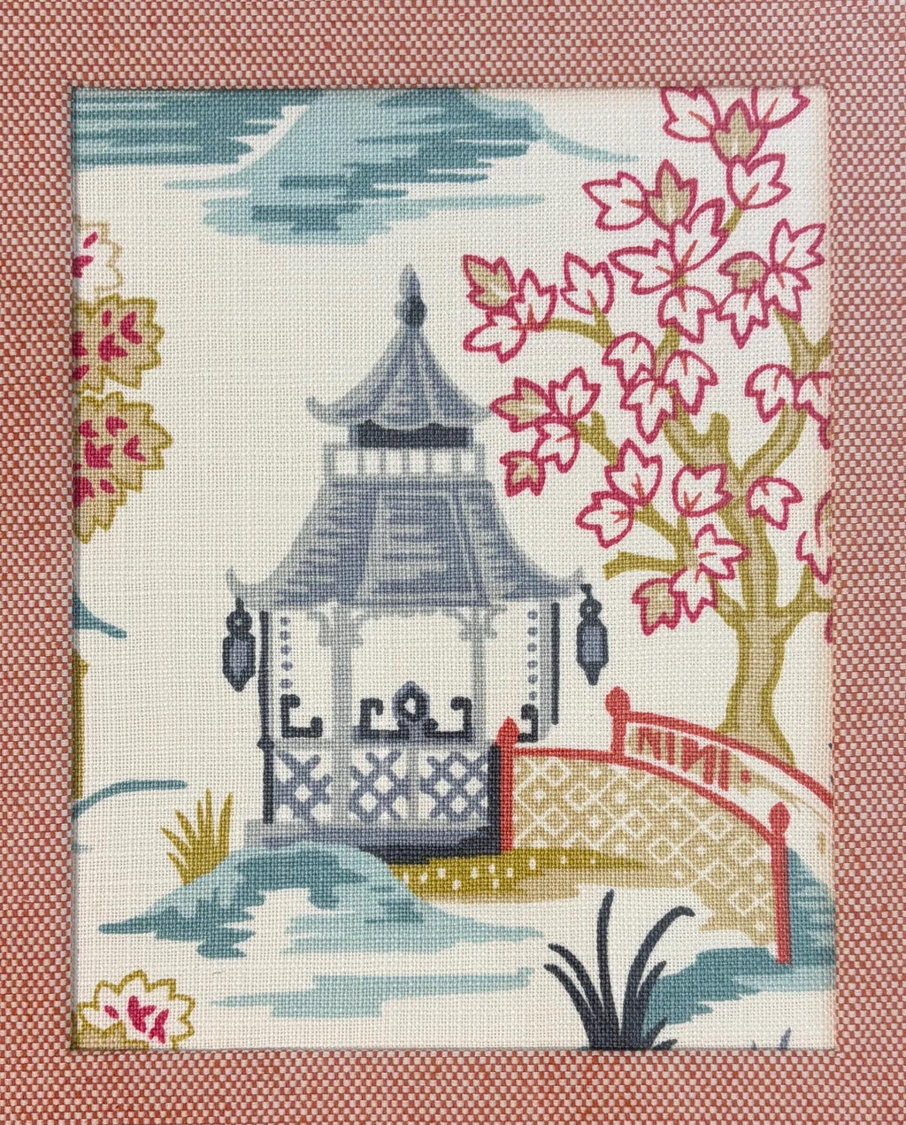 Chinoiserie Wall Art Blue Suki Fabric in Gold Bamboo Frame 12x15 Ballard Designs Style Chinese Asian Decor