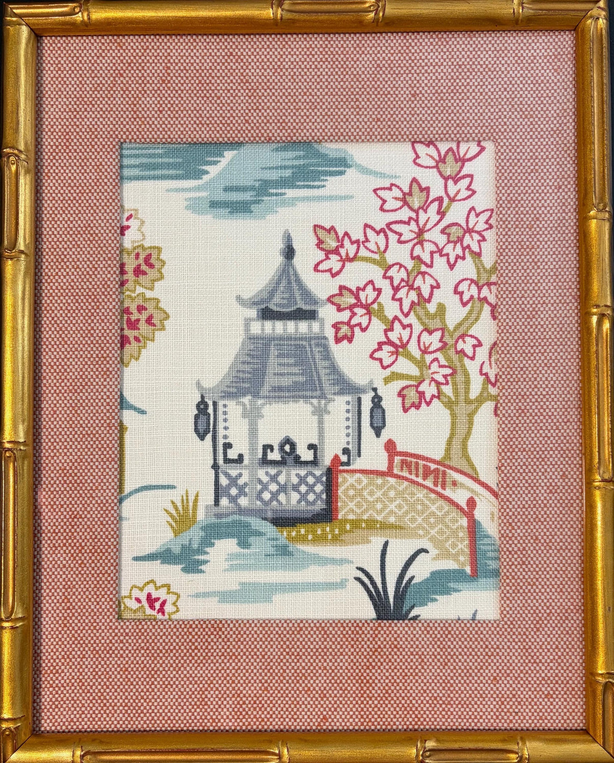 Chinoiserie Wall Art Blue Suki Fabric in Gold Bamboo Frame 12x15 Ballard Designs Style Chinese Asian Decor