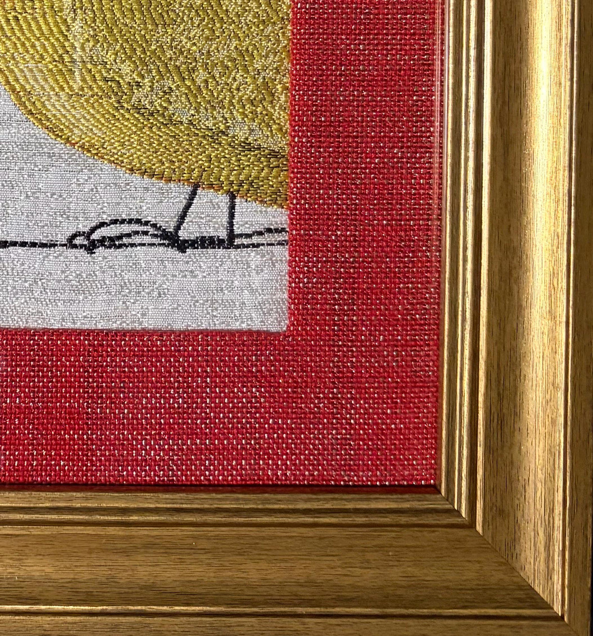 Finch Framed Wall Art — Red and Gold Fabric Mat 10 x 12 Bird Watcher Unique