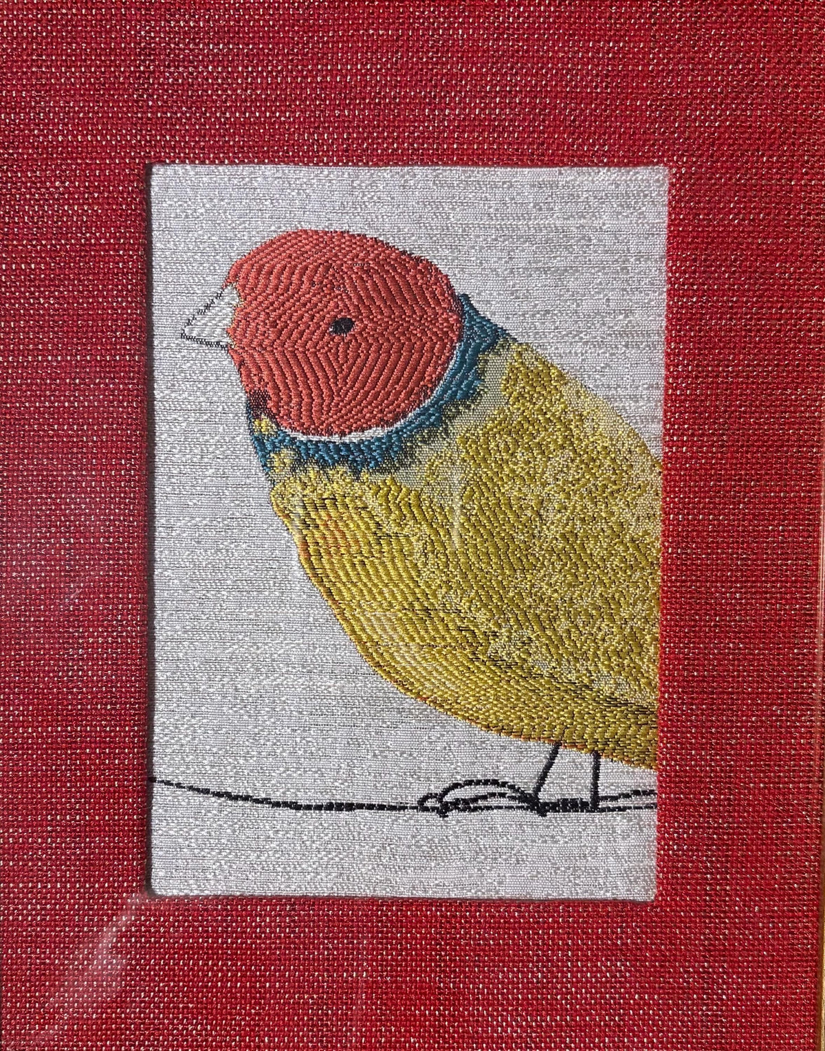 Finch Framed Wall Art — Red and Gold Fabric Mat 10 x 12 Bird Watcher Unique