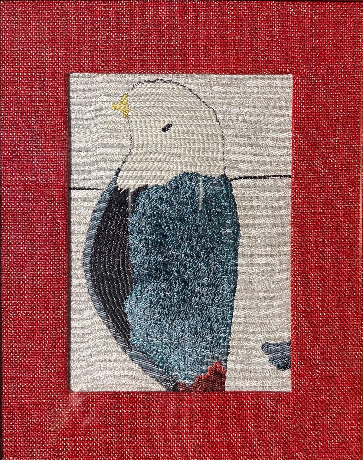 Finch Framed Wall Art — Red and Gold Fabric Mat 10 x 12 Bird Watcher Unique