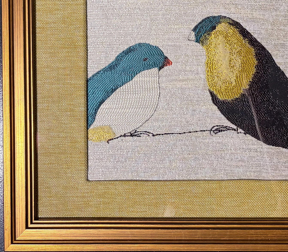Fabric Wall Art, Teal White Charcoal Birds, Gold Frame 13x16