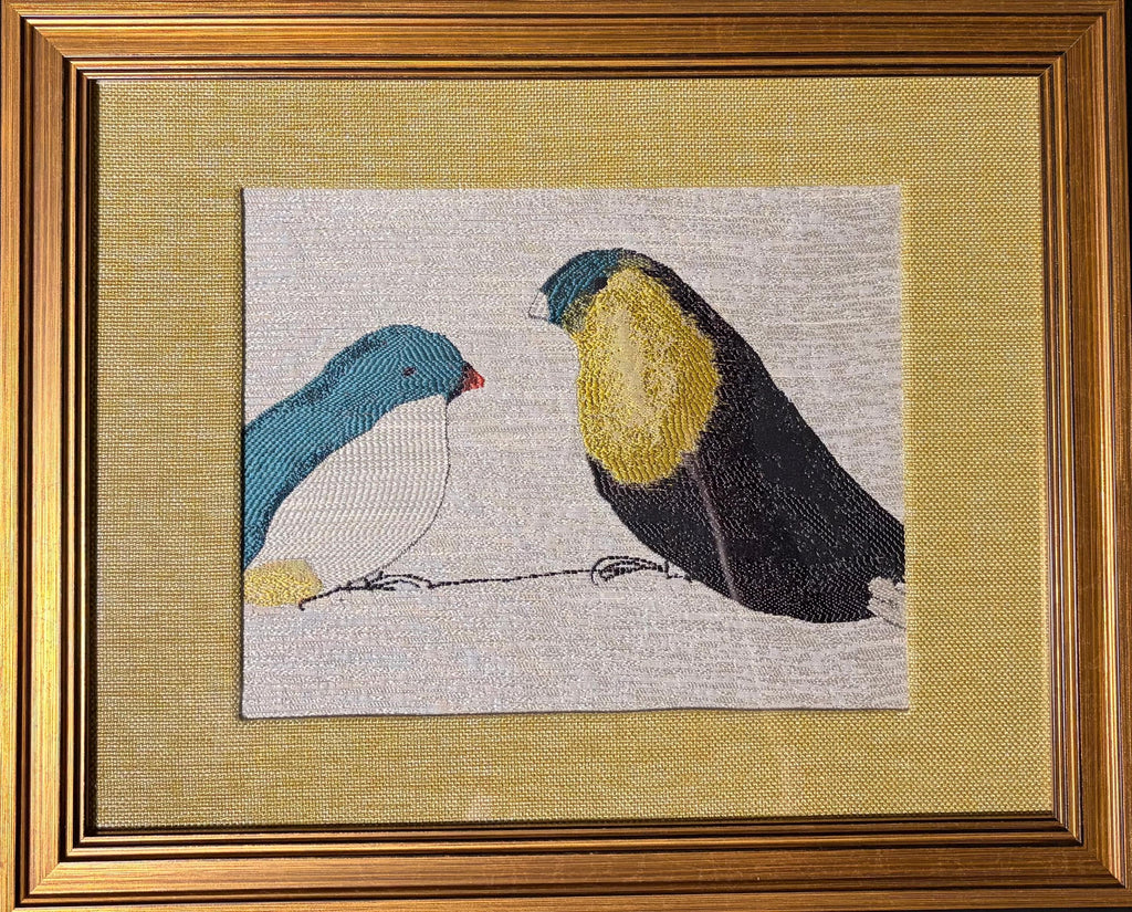 Fabric Wall Art, Teal White Charcoal Birds, Gold Frame 13x16