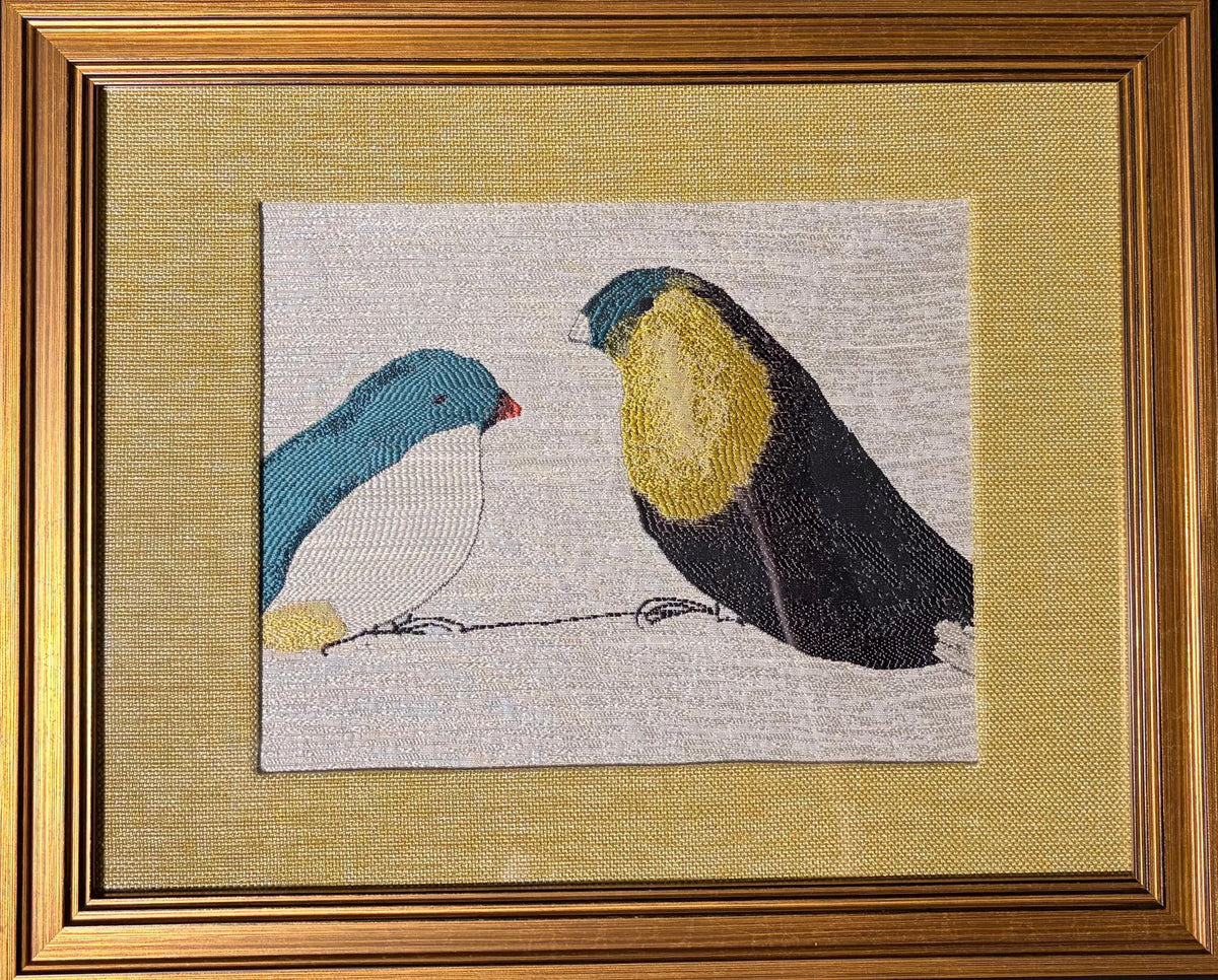 Fabric Wall Art, Teal White Charcoal Birds, Gold Frame 13x16