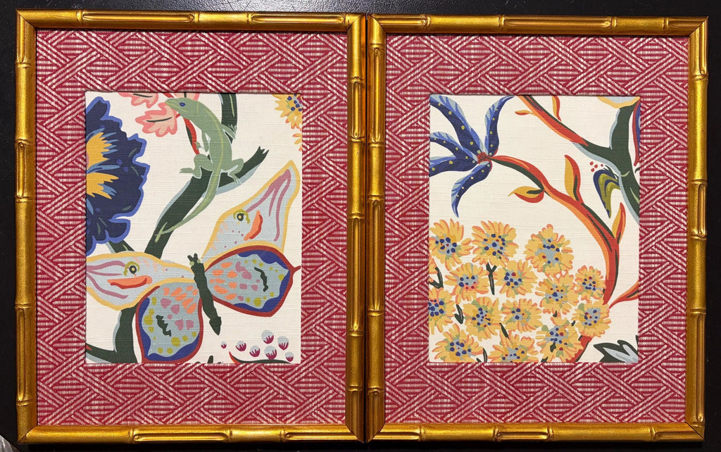 Ballard Designs Millie Fabric Wall Art – Pair of 12x15 Bamboo Gold Framed Home Decor