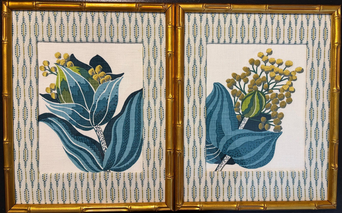 Pair of Custom Ballard Designs Emmie Fabric Wall Art — 12x15 Bamboo Gold Frame