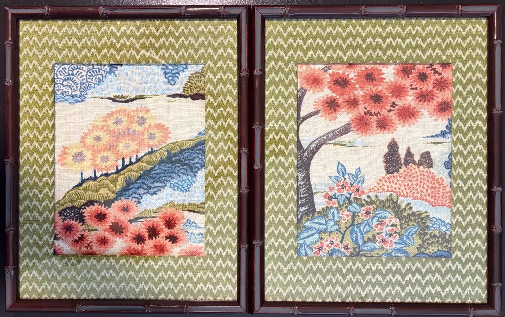 Japanese Garden Fabric Wall Art Pair – Chrysanthemum & Flowering Tree (12×15 Bamboo Frame)