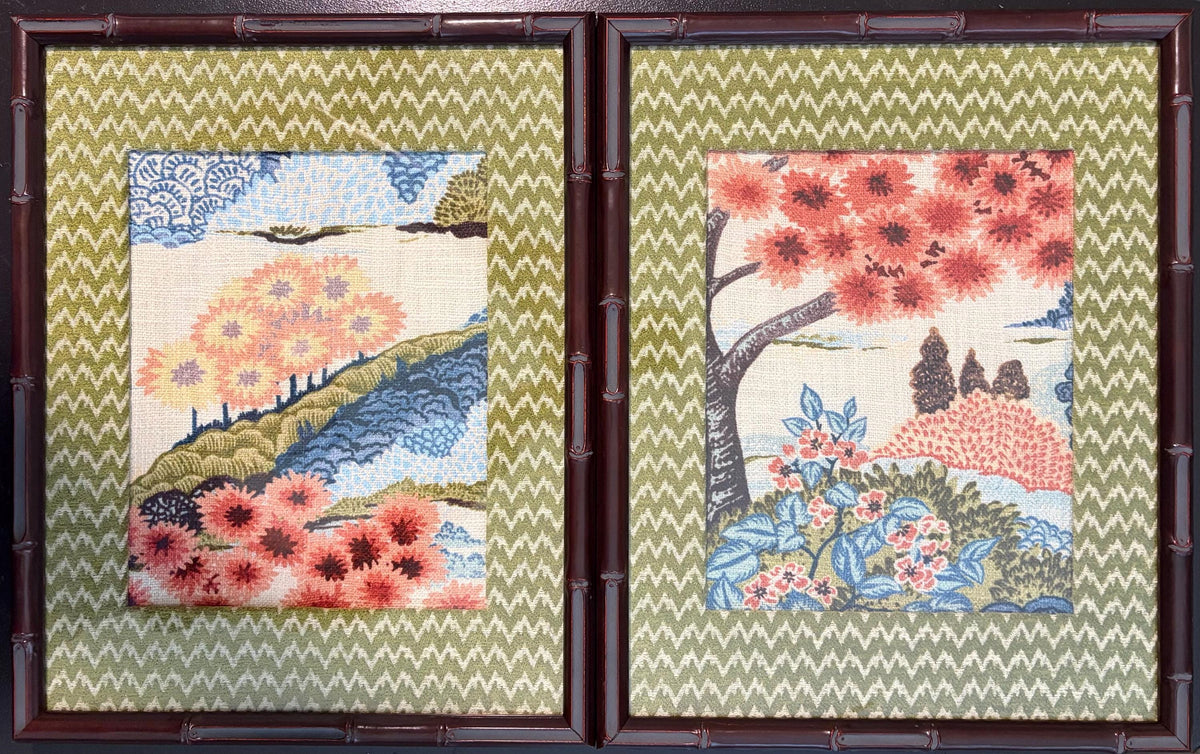 Japanese Garden Fabric Wall Art Pair – Chrysanthemum & Flowering Tree (12×15 Bamboo Frame)