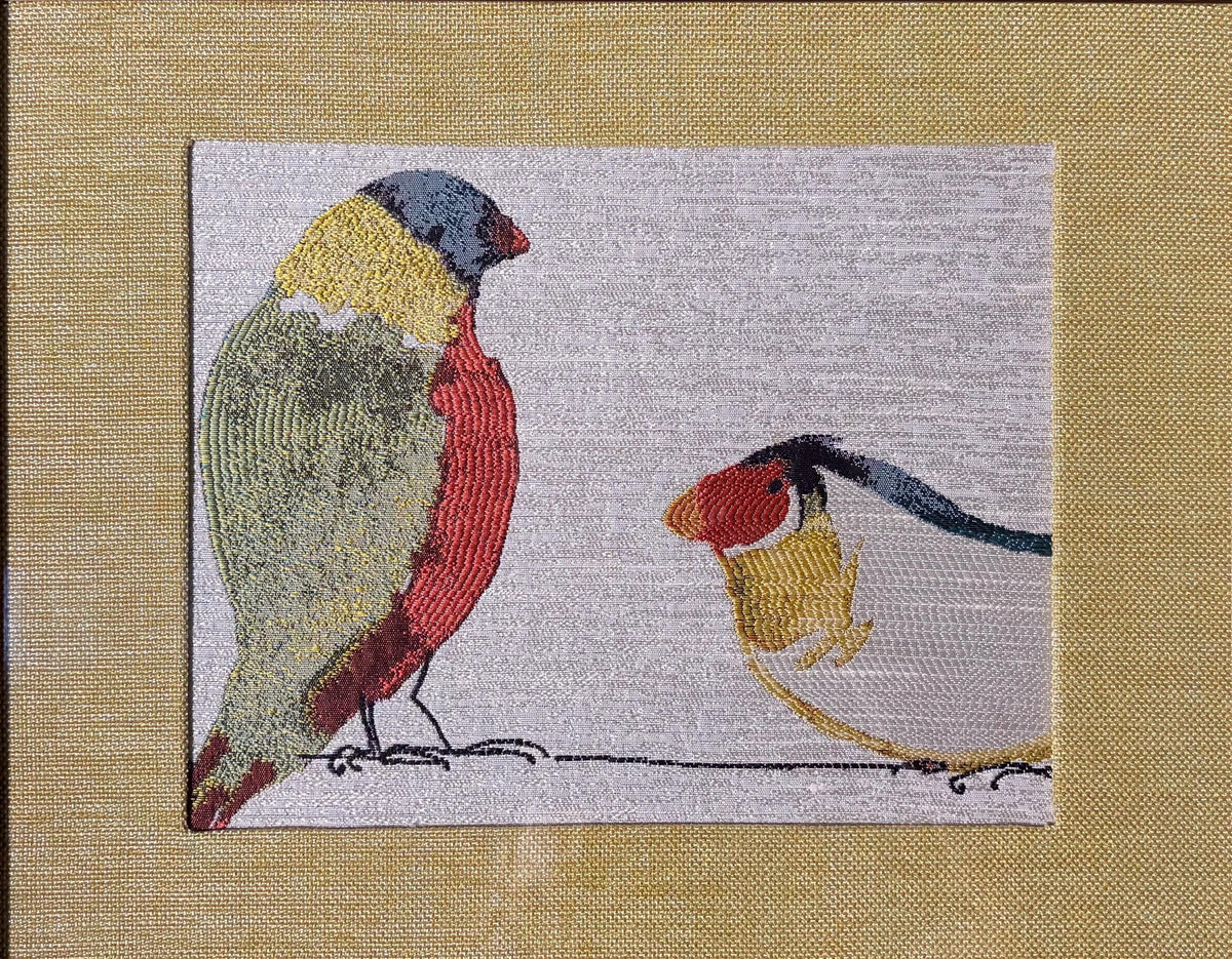 Gouldian Finch Pair Woven Wall Art, Gold Framed Colorful Bird Art 13x16