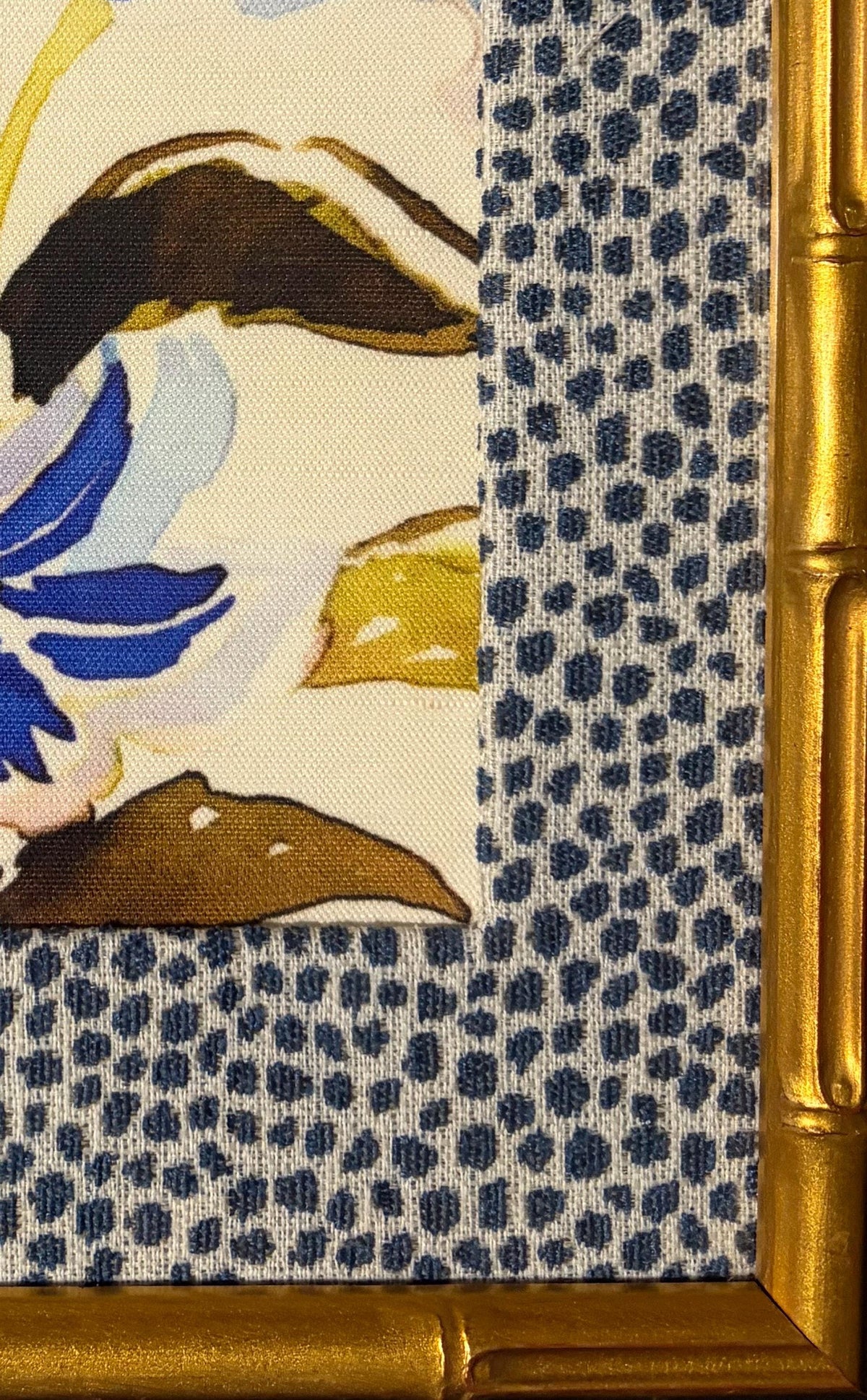 Blue & Lavender Floral Botanical — Designer Fabric Wall Art, 12x15 Gold Bamboo Style Frame