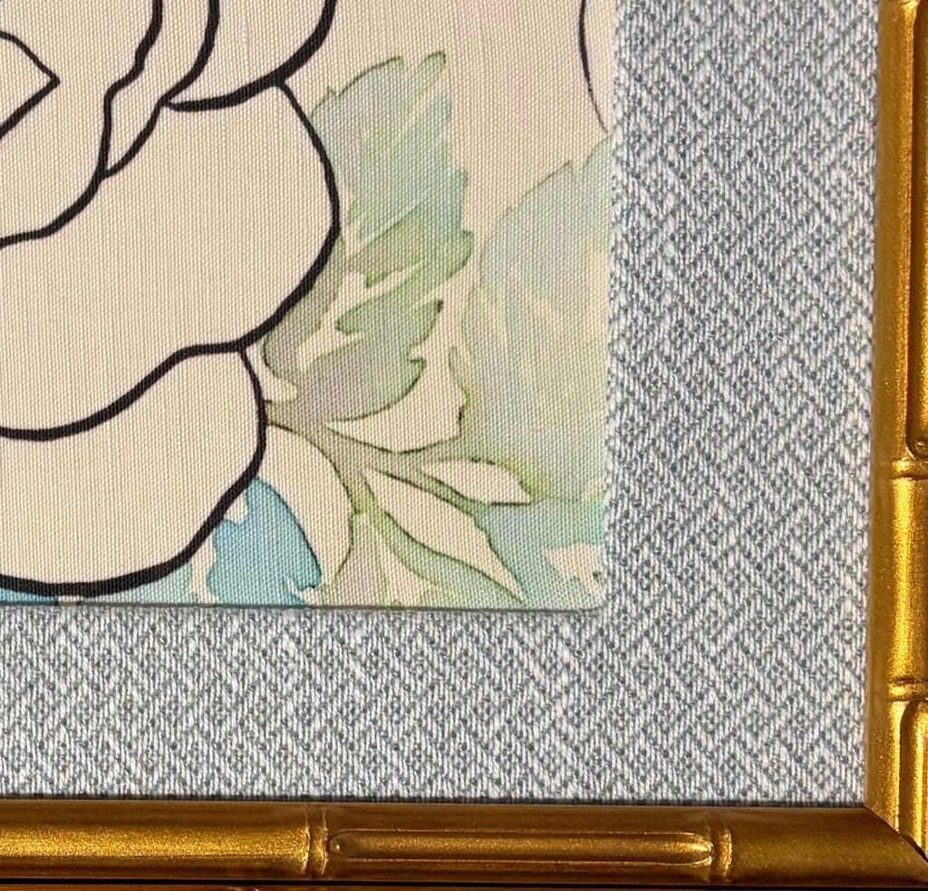 White Rose Art Pair— Designer Fabric Wall Art, 12x15 Gold Frames