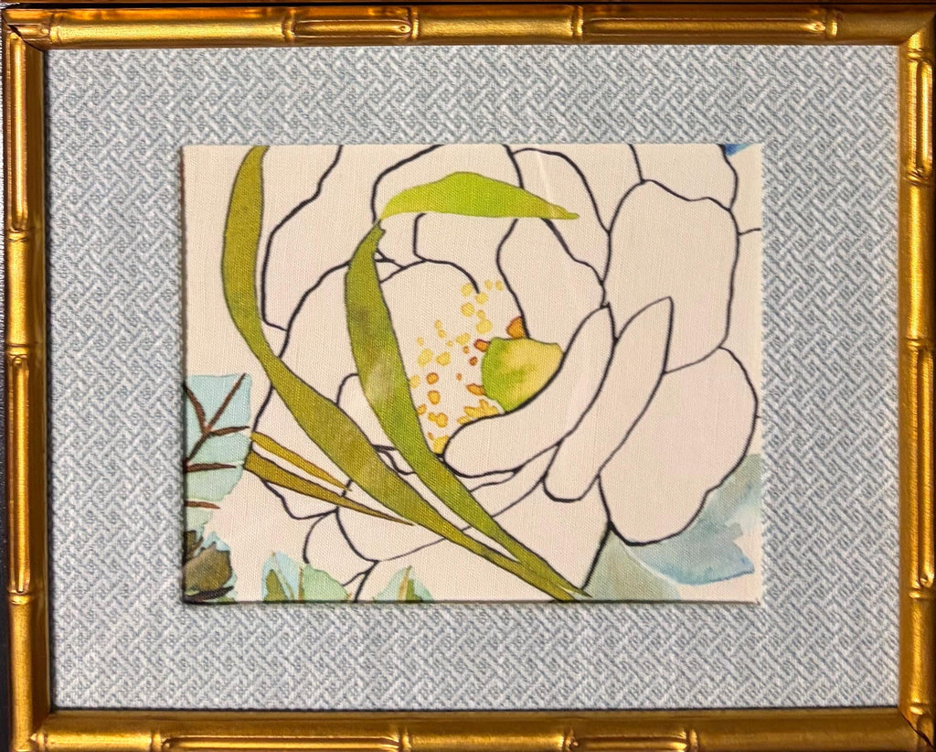 White Rose Art Pair— Designer Fabric Wall Art, 12x15 Gold Frames