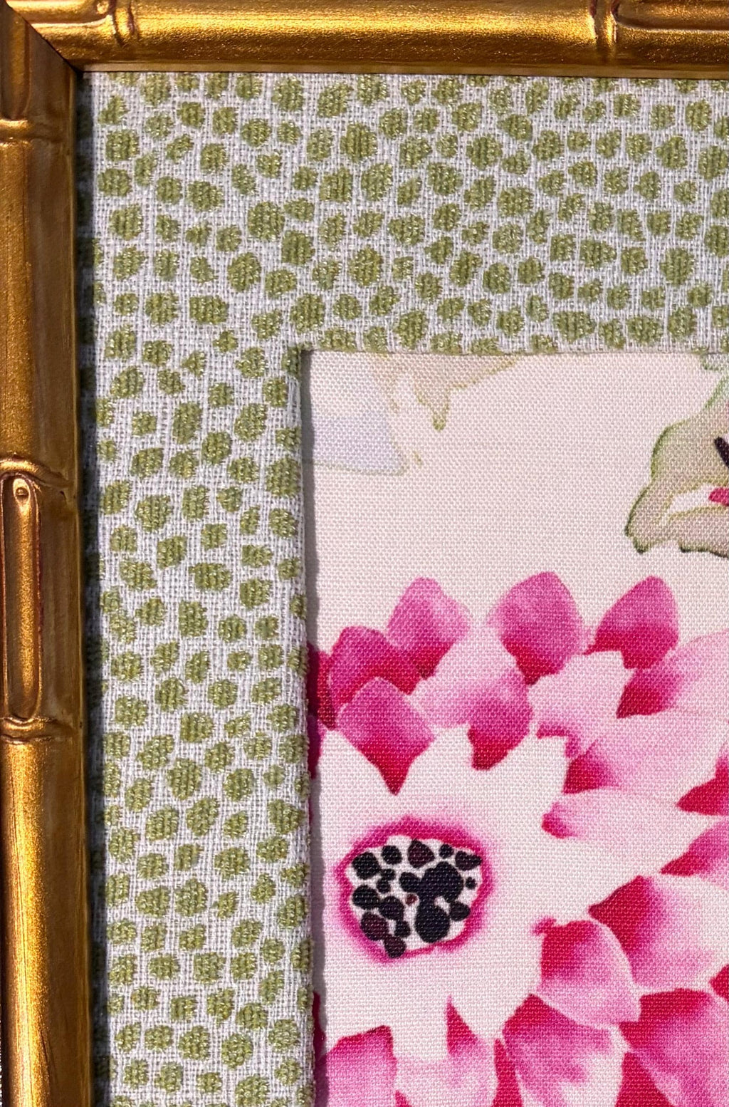 Pink Dahlia Botanical — Designer Fabric Wall Art, 12x15 Gold Bamboo Frame