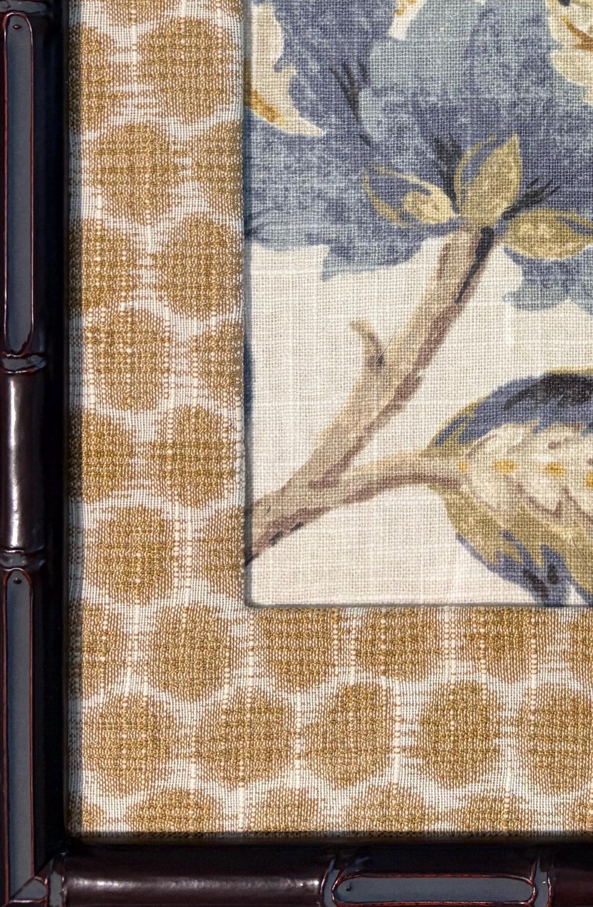 Custom Ballard Designs Sayer Yellow Fabric Art with Mia Dijon Mat 12x15 Mahogany Bamboo Frame