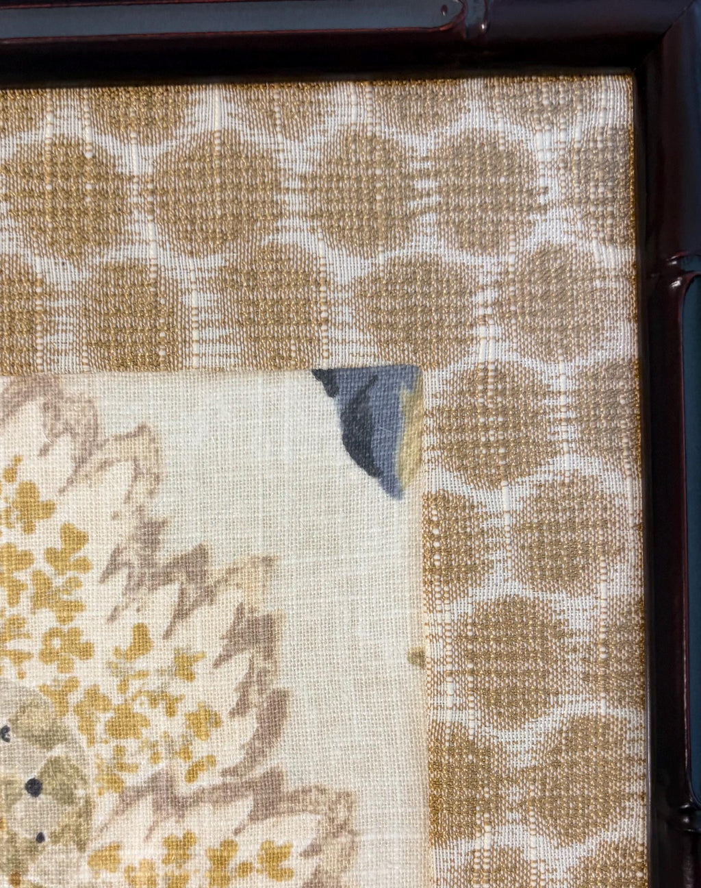 Custom Ballard Designs Sayer Yellow Fabric Art with Mia Dijon Mat 12x15 Mahogany Bamboo Frame