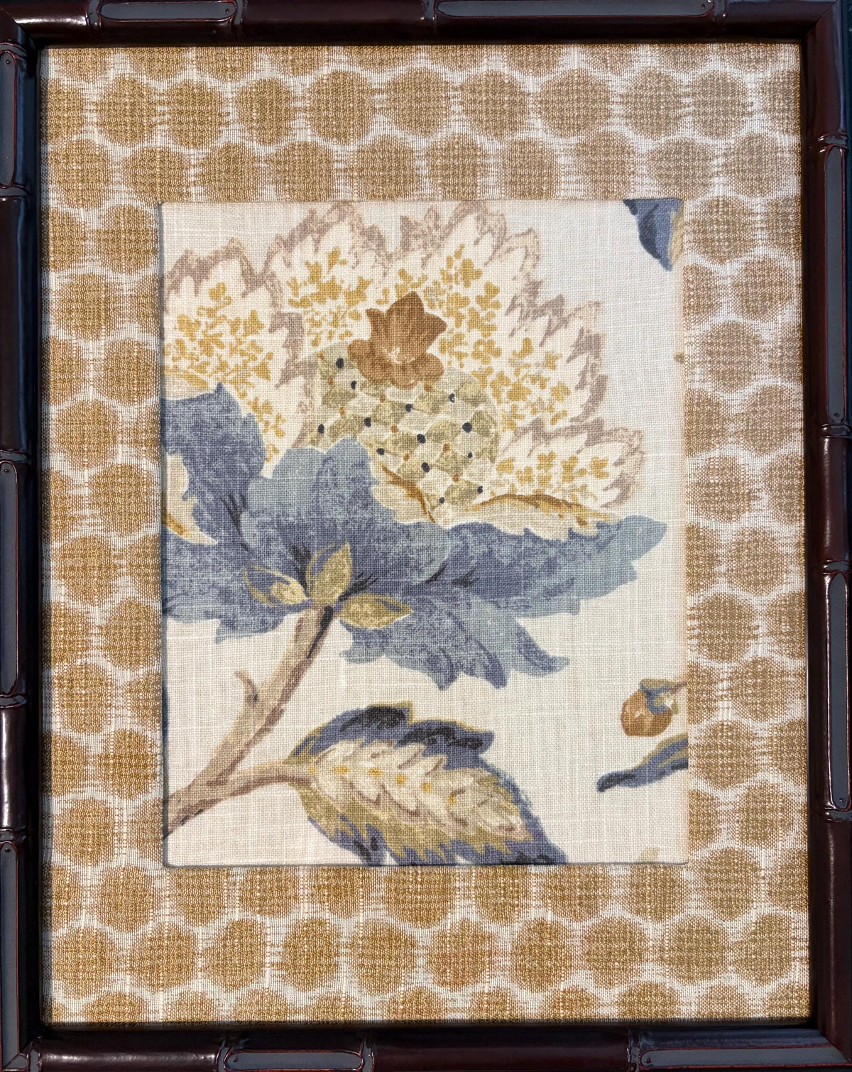Custom Ballard Designs Sayer Yellow Fabric Art with Mia Dijon Mat 12x15 Mahogany Bamboo Frame