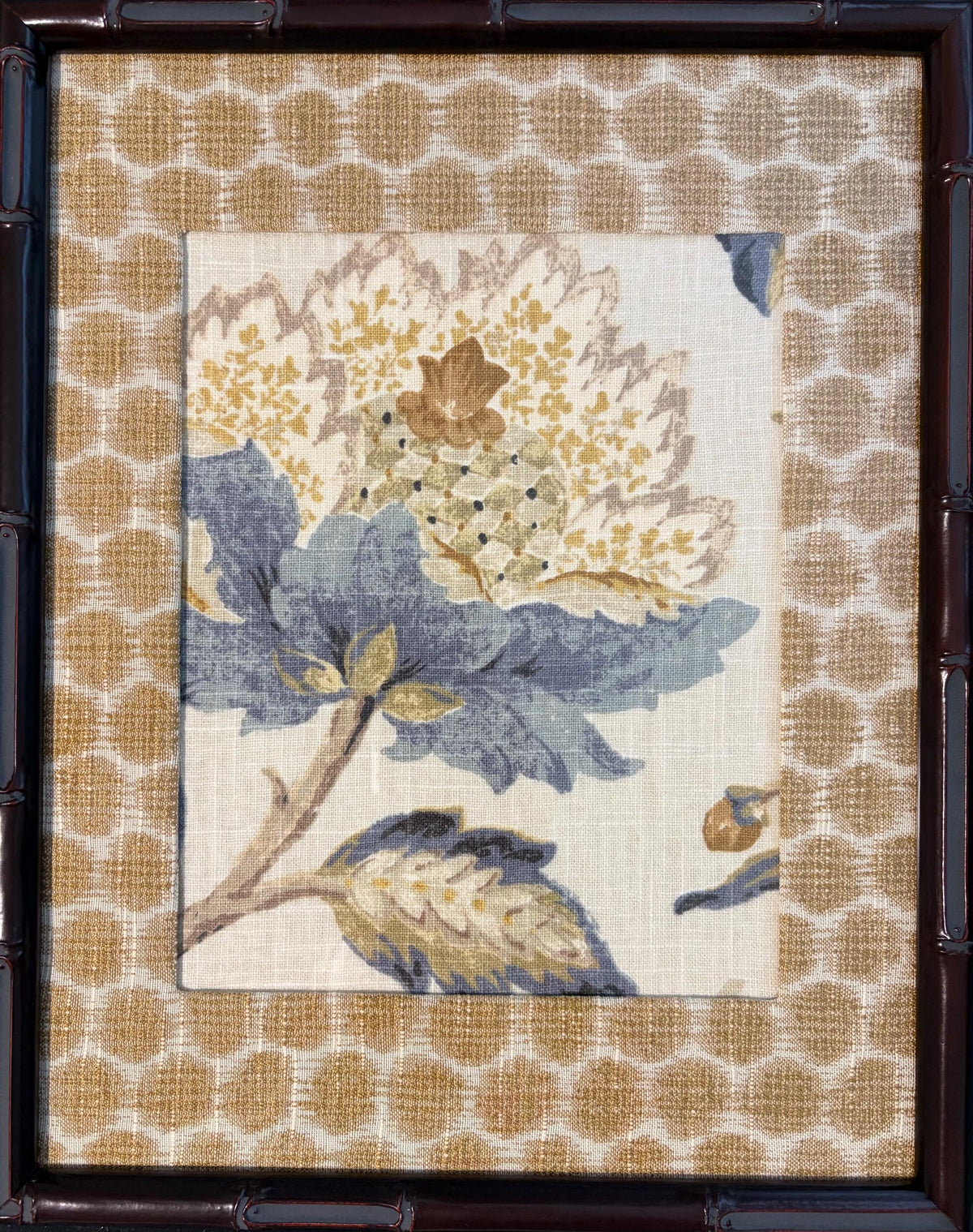 Custom Ballard Designs Sayer Yellow Fabric Art with Mia Dijon Mat 12x15 Mahogany Bamboo Frame
