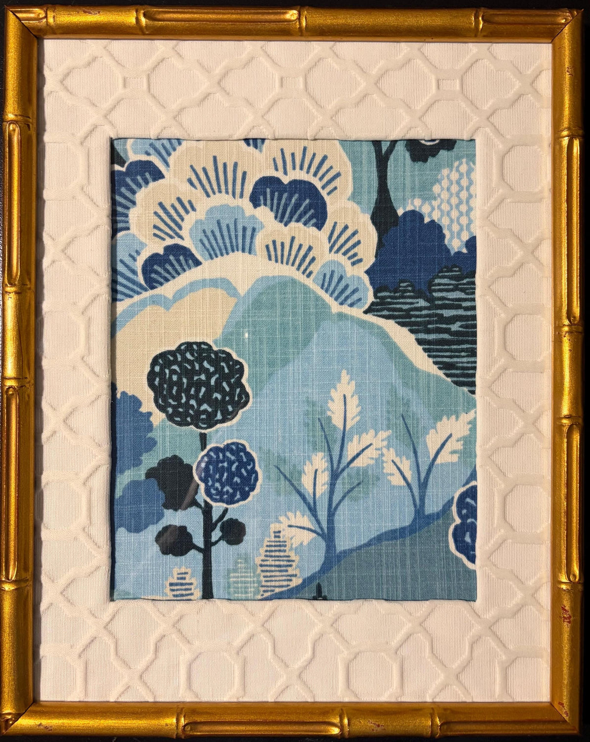 Pair of Framed Washburn Mediterranean Fabric Wall Art — Blue & White Garden Landscape, 12×15 Gold Bamboo Frame Textile Art