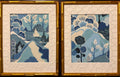 Pair of Framed Washburn Mediterranean Fabric Wall Art — Blue & White Garden Landscape, 12×15 Gold Bamboo Frame Textile Art