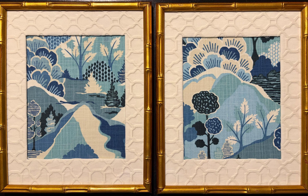 Pair of Framed Washburn Mediterranean Fabric Wall Art — Blue & White Garden Landscape, 12×15 Gold Bamboo Frame Textile Art