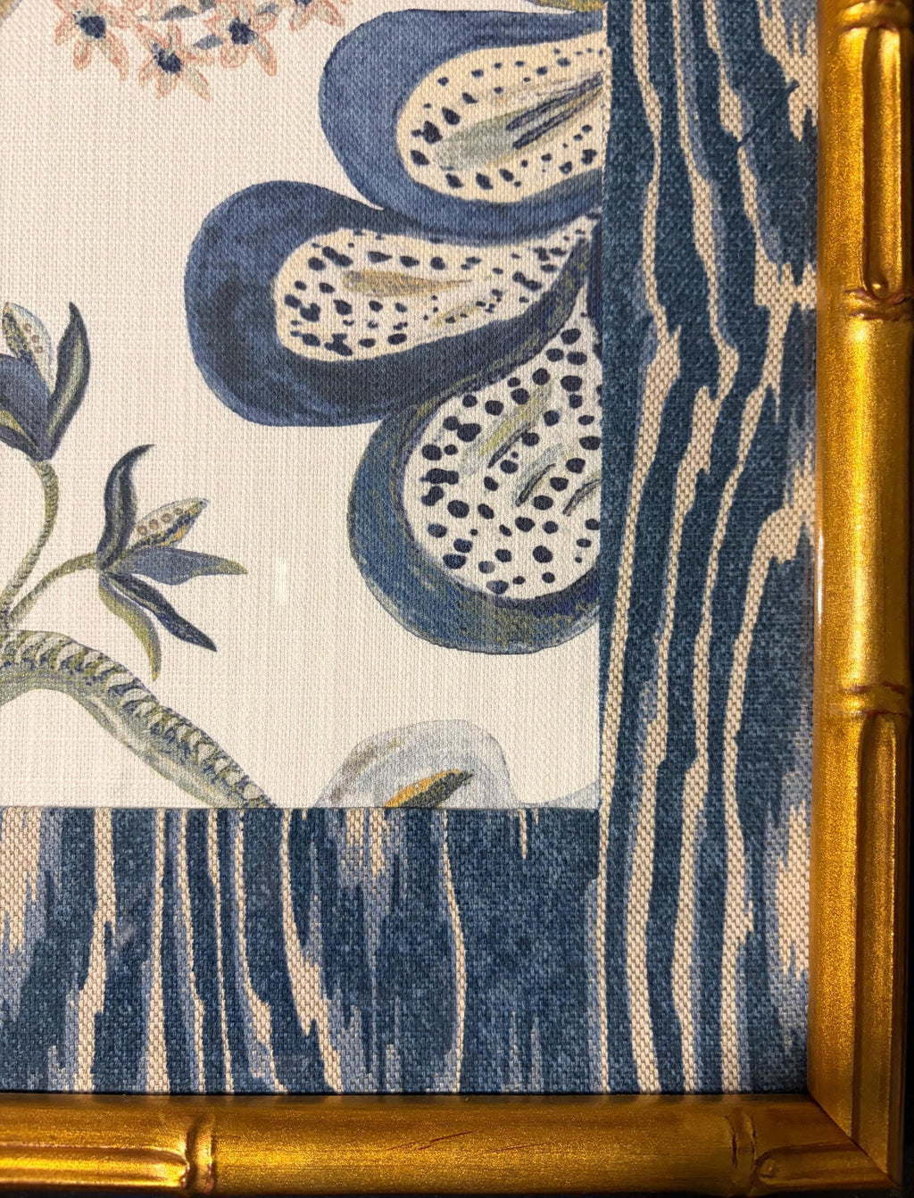 Custom Framed Ballard Designs Fabric Art (12x15) – Isadore Blue Ikat Gold Bamboo Frame