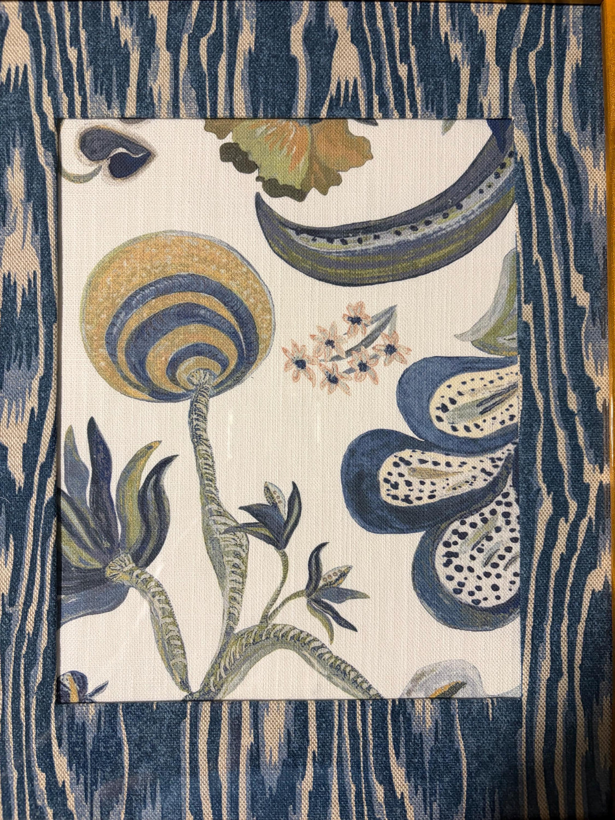 Custom Framed Ballard Designs Fabric Art (12x15) – Isadore Blue Ikat Gold Bamboo Frame