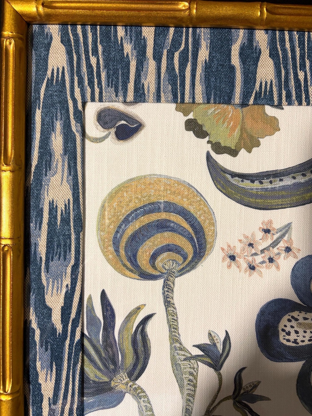 Custom Framed Ballard Designs Fabric Art (12x15) – Isadore Blue Ikat Gold Bamboo Frame