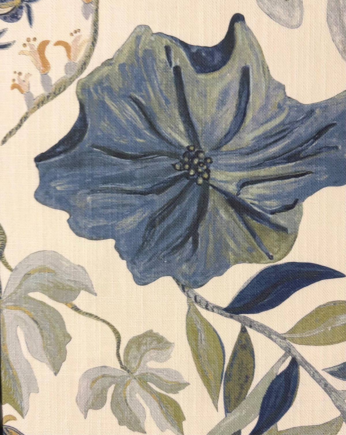 Custom Framed Ballard Designs Fabric Art: Isadore Blue Floral, Darcy Blue Ikat Mat