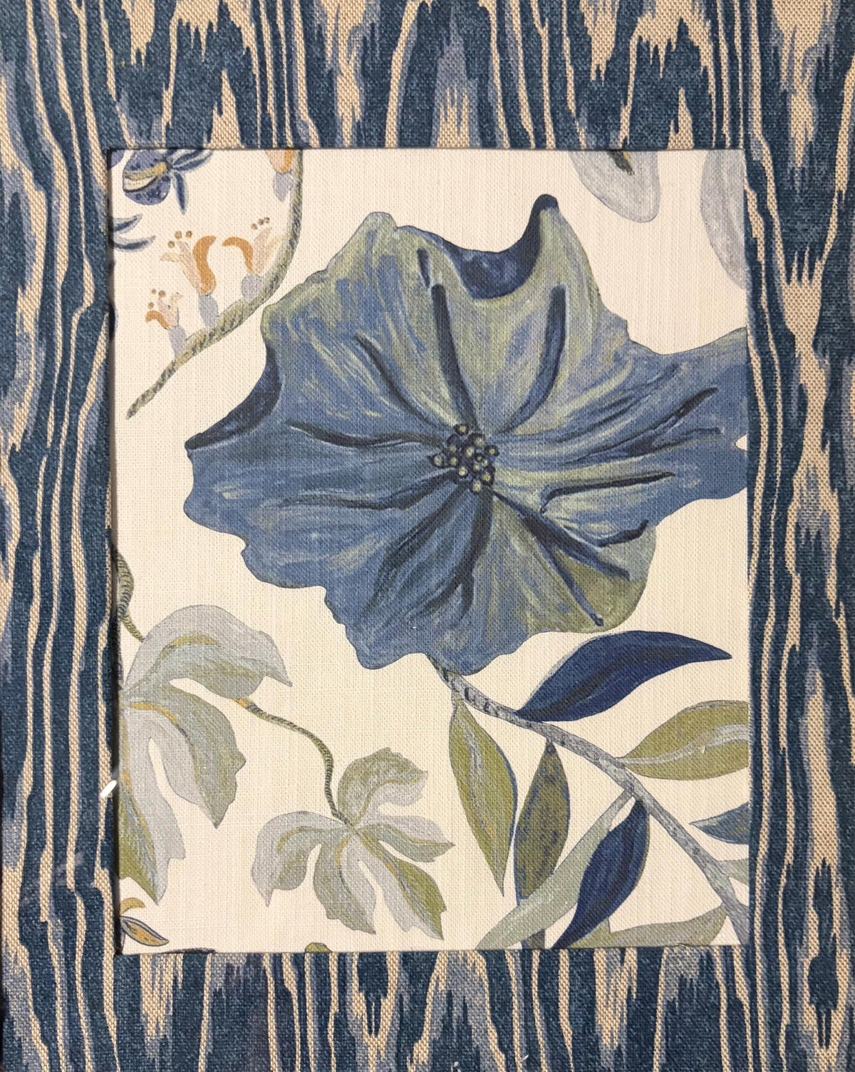 Custom Framed Ballard Designs Fabric Art: Isadore Blue Floral, Darcy Blue Ikat Mat