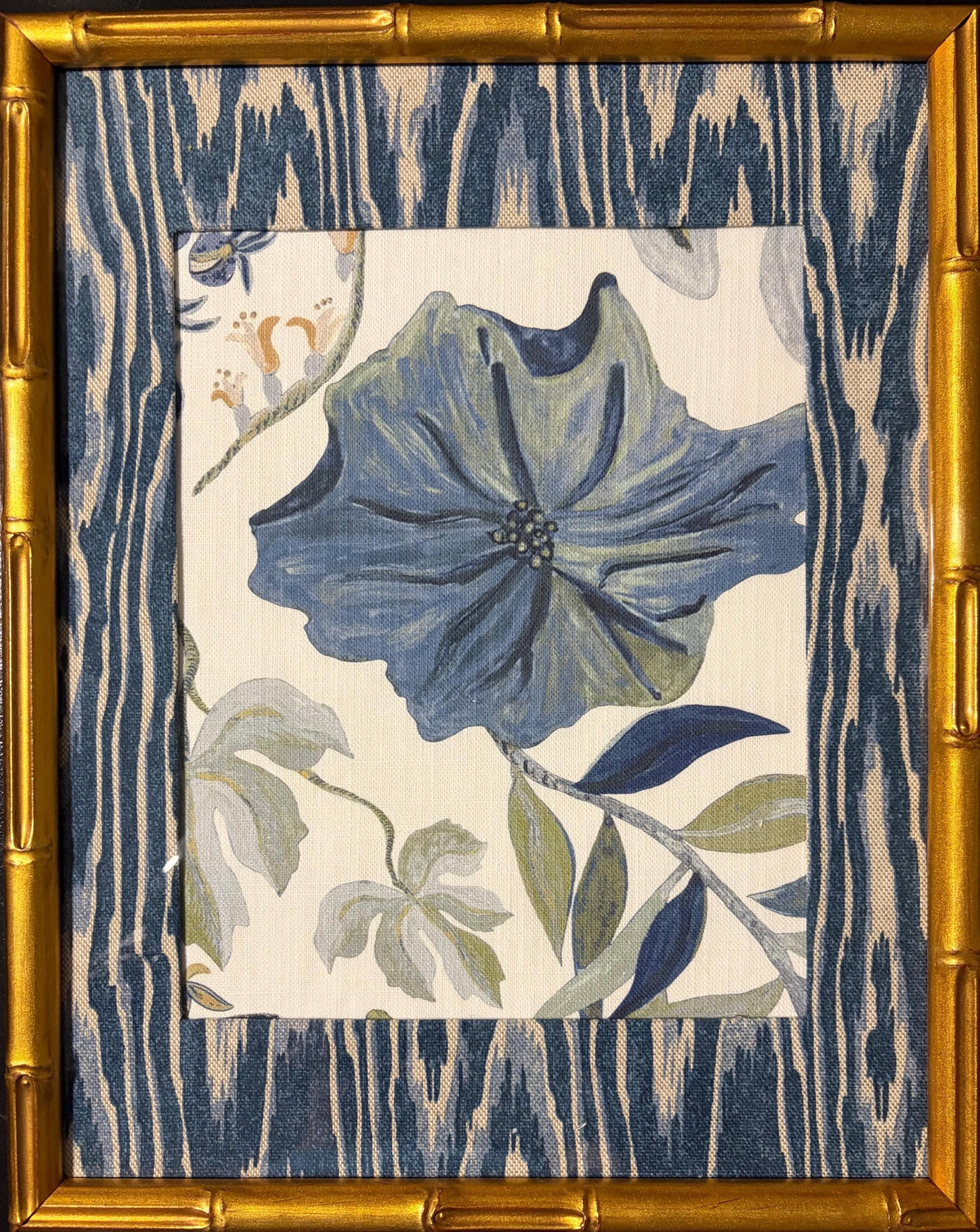Custom Framed Ballard Designs Fabric Art: Isadore Blue Floral, Darcy Blue Ikat Mat