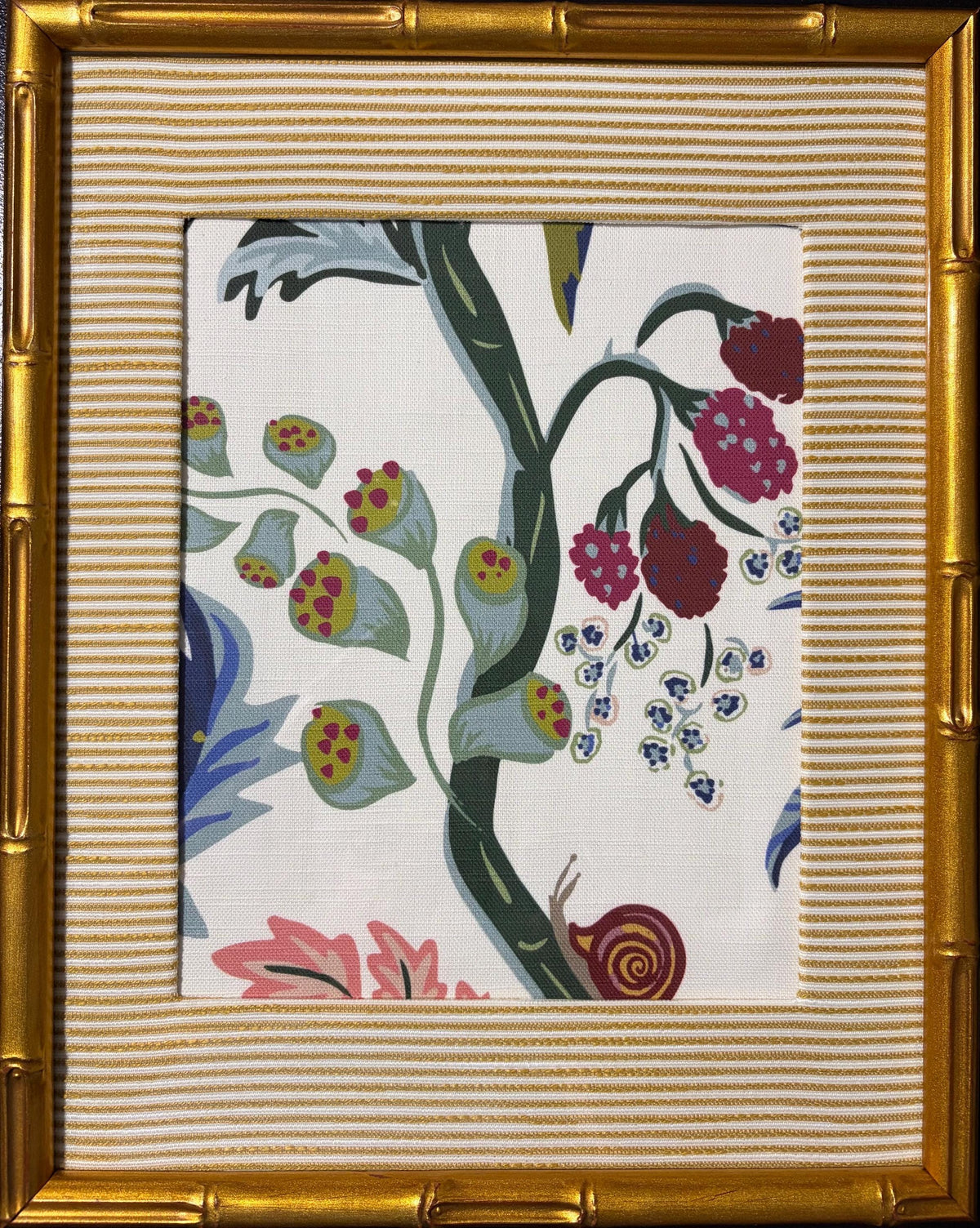 Custom Framed Ballard Designs Millie Blue Fabric with Biff Gold Mat 12x15 Wall Art