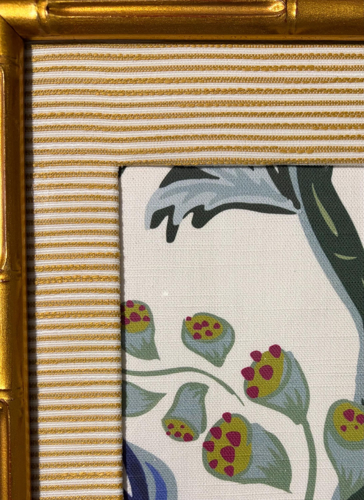 Custom Framed Ballard Designs Millie Blue Fabric with Biff Gold Mat 12x15 Wall Art