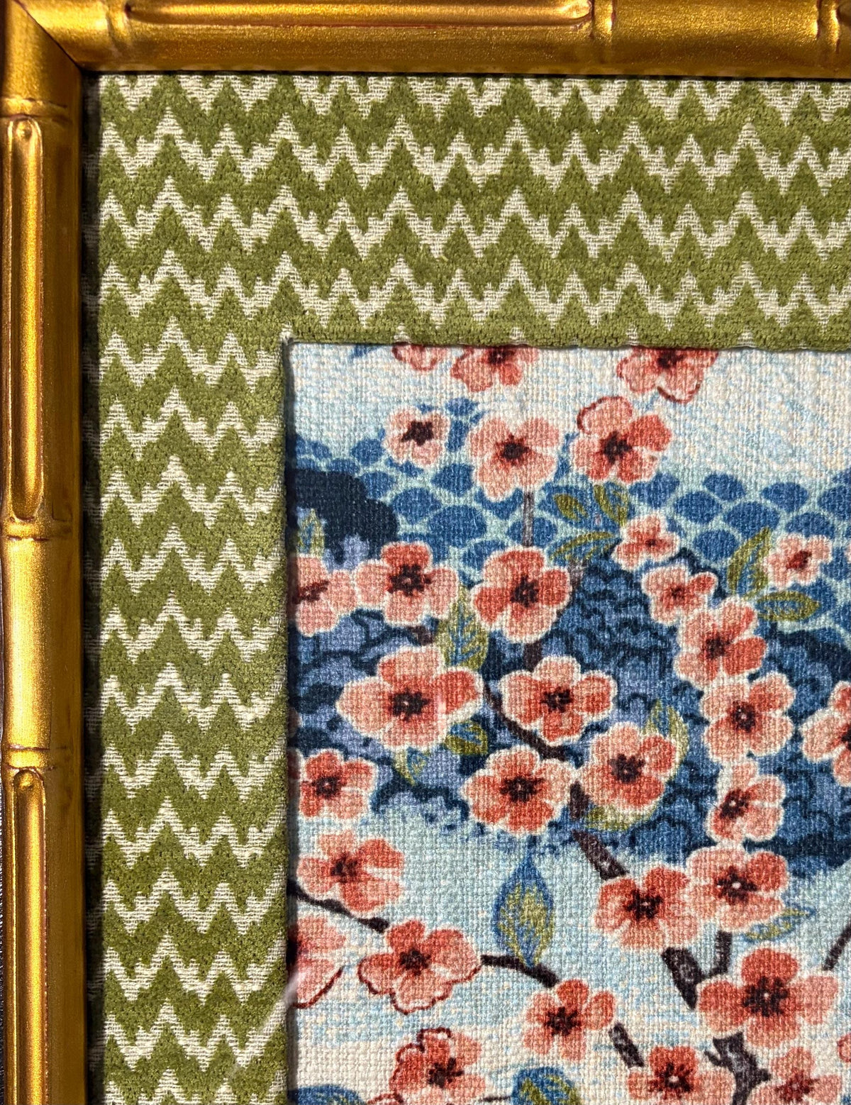 Chinoiserie Cherry Blossom Fabric Art – Wasabi Mat, Gold Bamboo Frame (12×15)