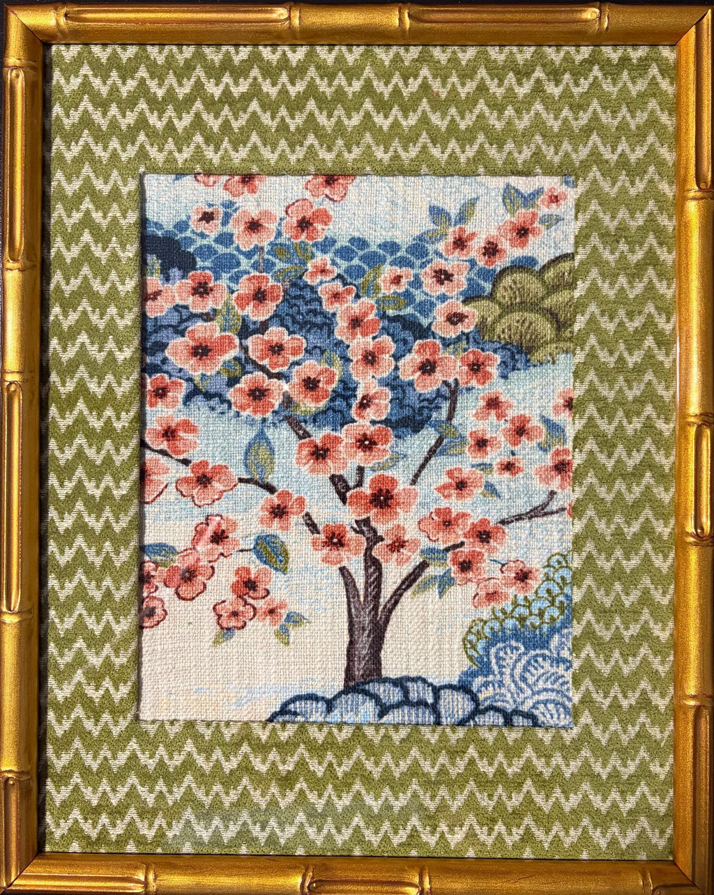 Chinoiserie Cherry Blossom Fabric Art – Wasabi Mat, Gold Bamboo Frame (12×15)