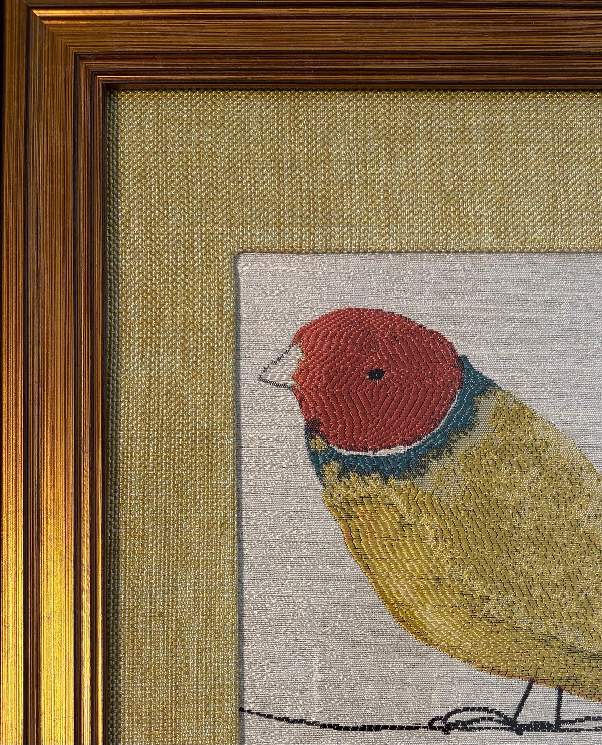 Red-Headed Songbird Portrait Fabric Wall Art in 13x16 Gold Frame