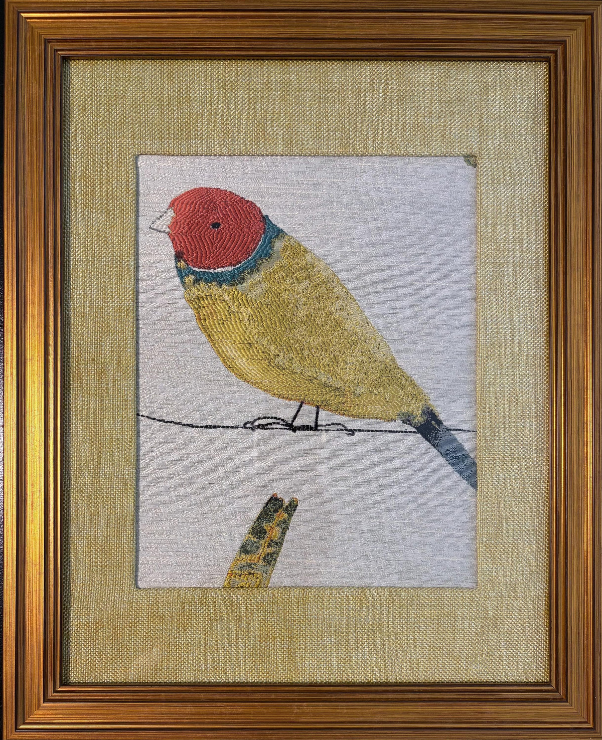 Red-Headed Songbird Portrait Fabric Wall Art in 13x16 Gold Frame