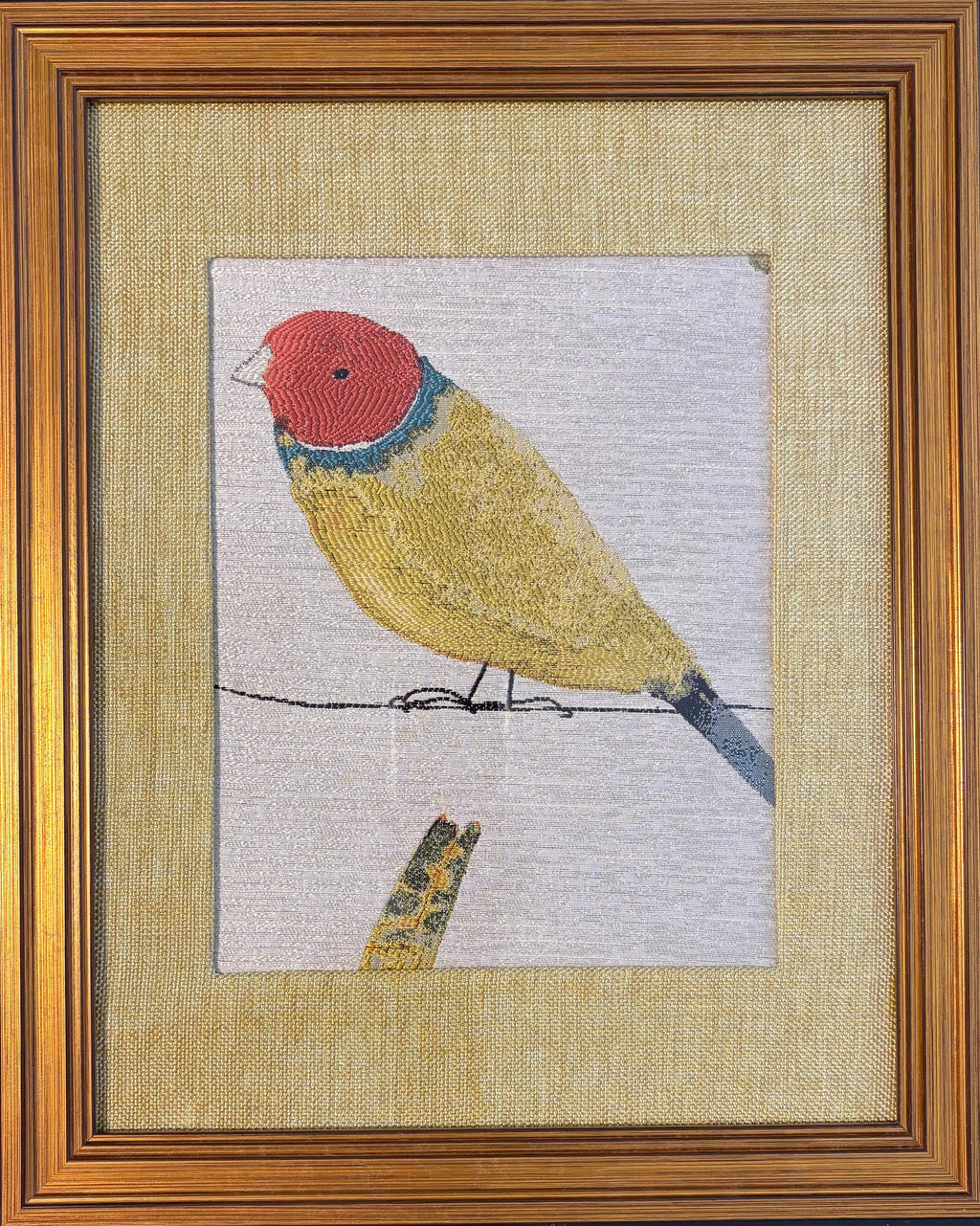 Red-Headed Songbird Portrait Fabric Wall Art in 13x16 Gold Frame