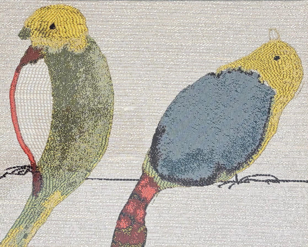 Green & Gold Bird Pair — Woven Fabric Wall Art, 13x16 Gold Frame