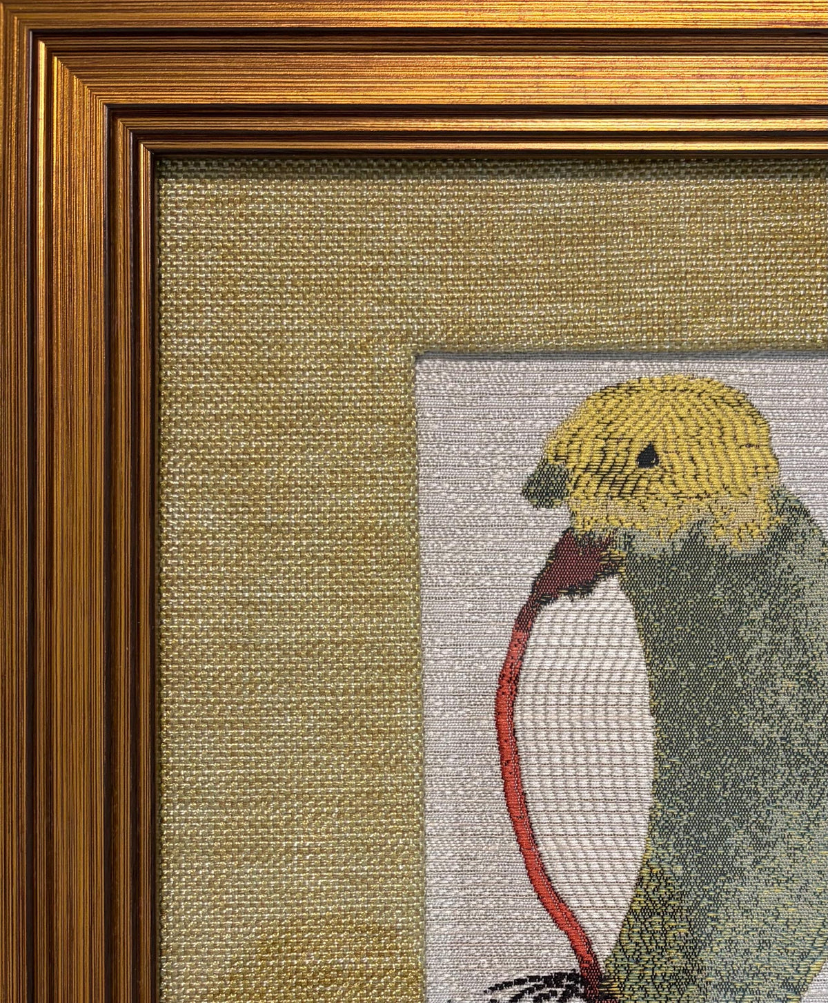 Green & Gold Bird Pair — Woven Fabric Wall Art, 13x16 Gold Frame