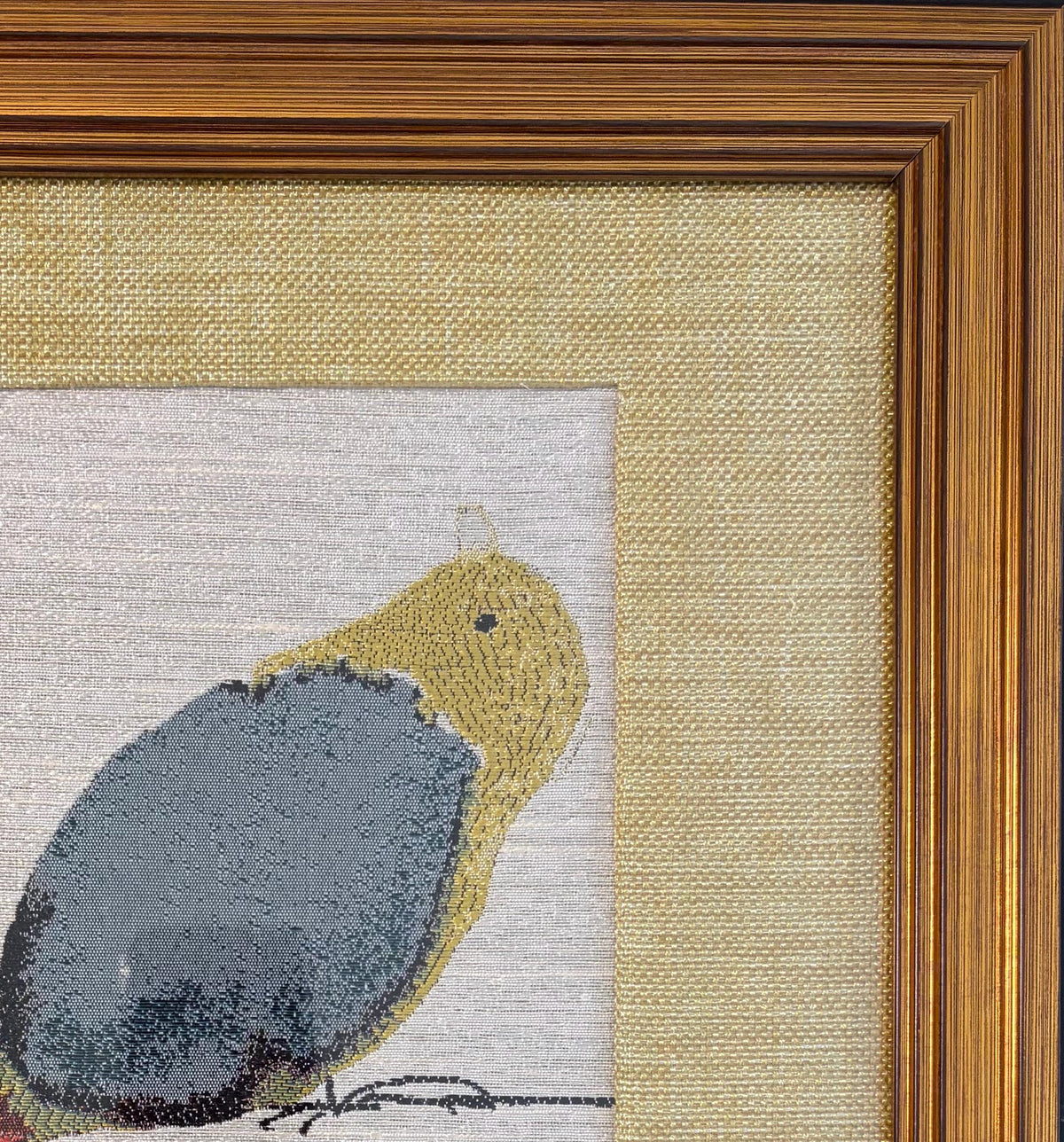 Green & Gold Bird Pair — Woven Fabric Wall Art, 13x16 Gold Frame