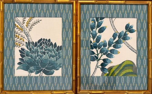 Ballard Designs Emmie Blue Fabric Art Pair, Gold Framed Botanical