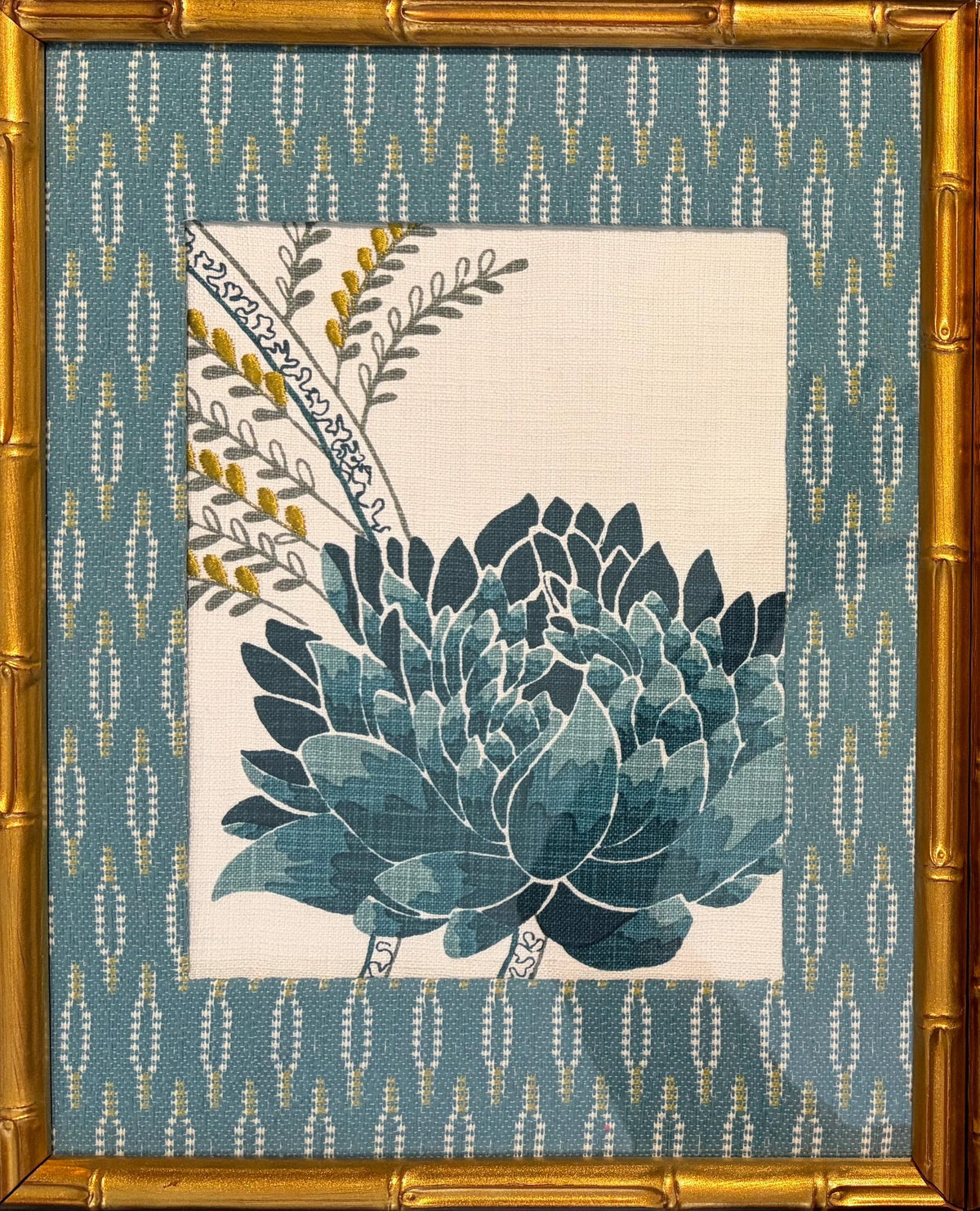Custom Framed Ballard Designs Emmie Blue Fabric with Faygo Teal Matting Wall Art
